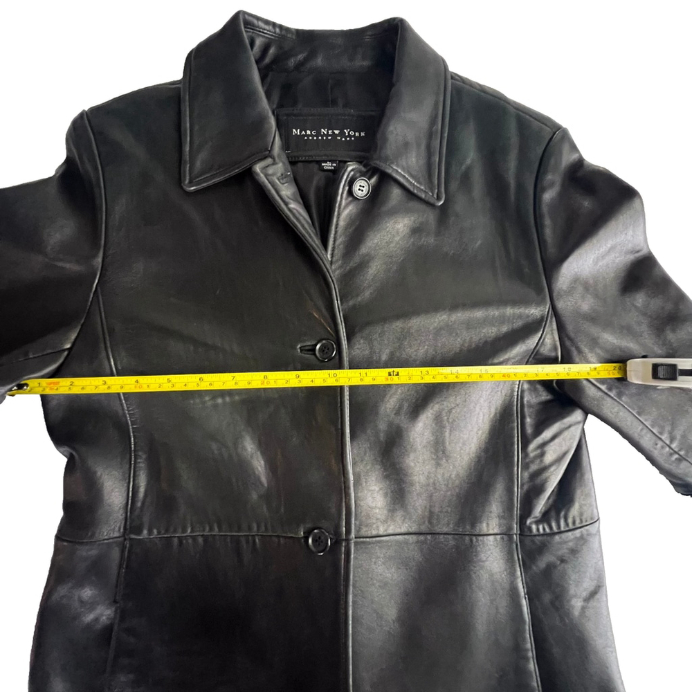 Marc New York Women L Black Genuine Leather Jacket Coat | Pockets, Lined 90s Lux - Picture 12 of 15